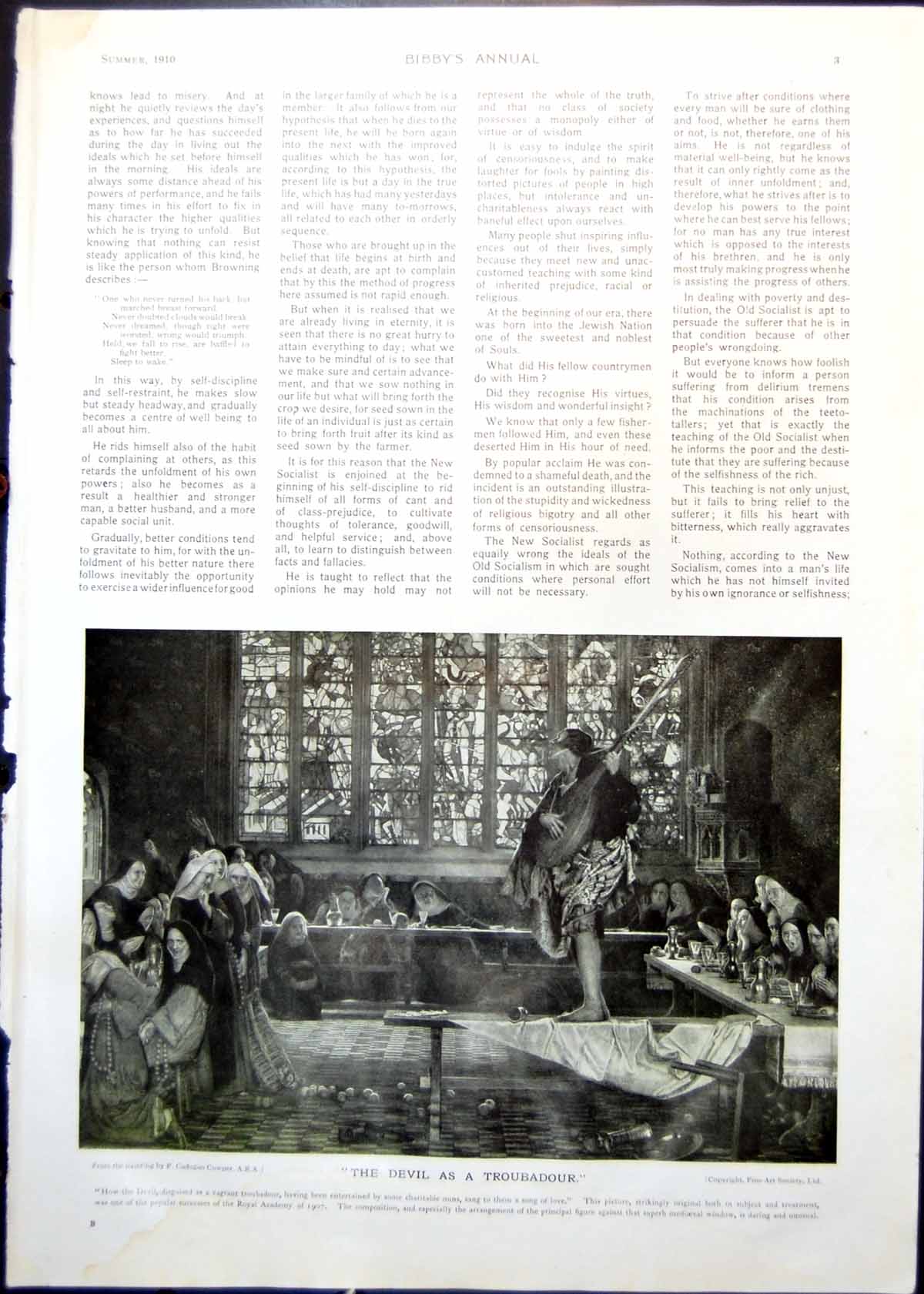 Antique Old Print Devil As Troubadour Fc Cowper Sheep Lambs Farmstead 1910 20th