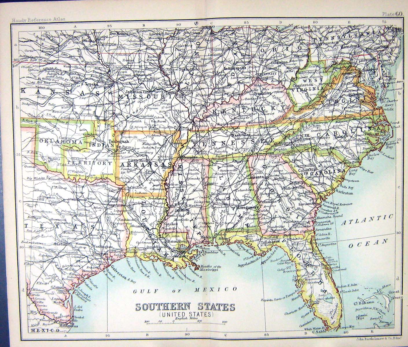 Old Map C1901 Southern America Texas Carolina Alabama Florida Kansas Victorian